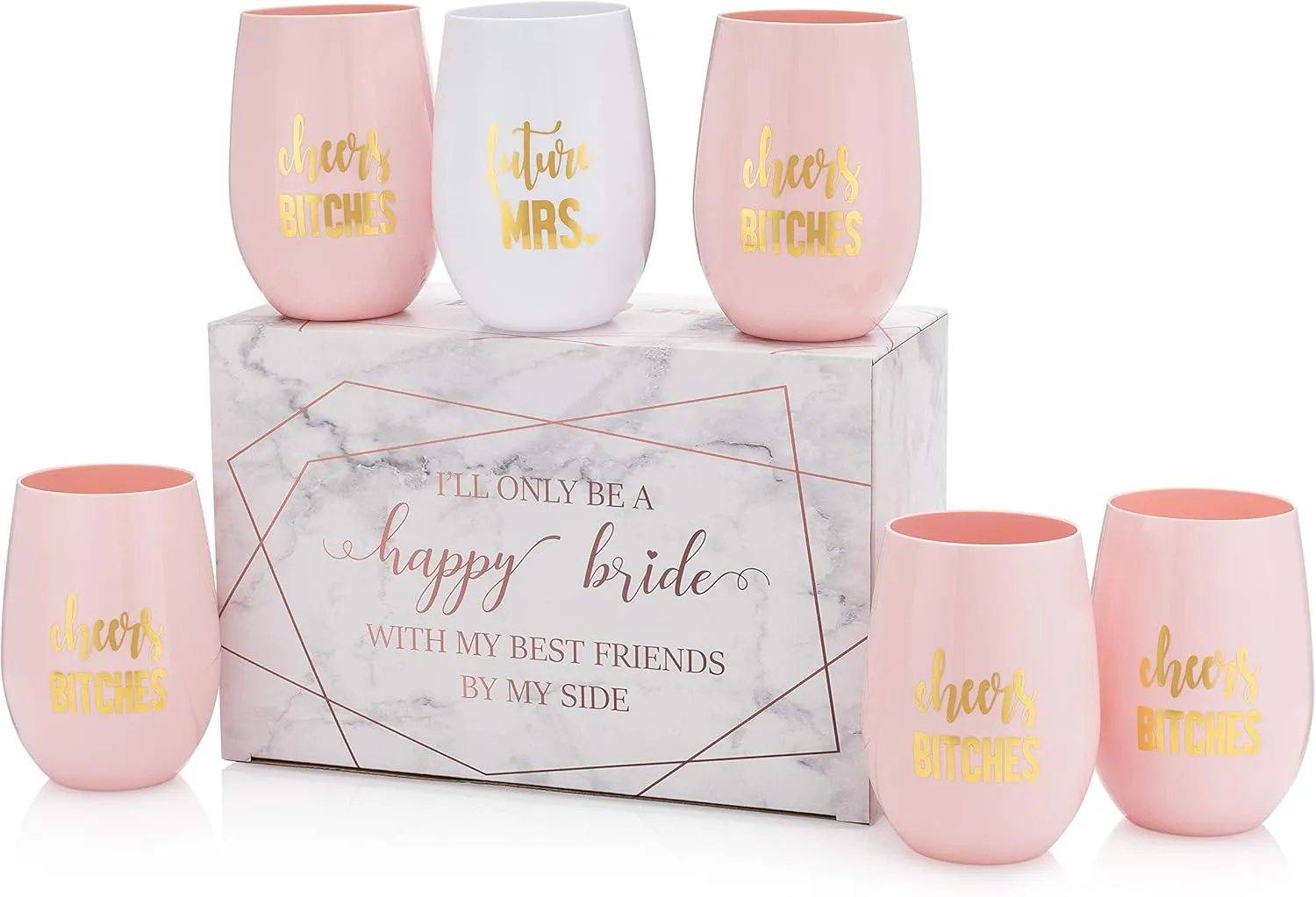 Bridesmaid Proposal Wine Glasses and Bridal Party Gifts - 100% Unbreakable Tritan Plastic with Gold Foil Accents - 16 ounces (Pink Cheers Set, 6)