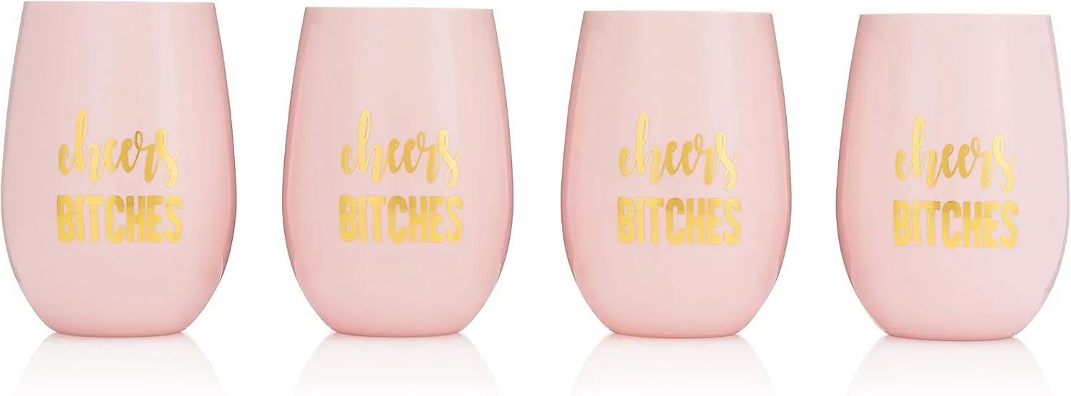 Bridesmaid Proposal Wine Glasses and Bridal Party Gifts - 100% Unbreakable Tritan Plastic with Gold Foil Accents - 16 ounces (Pink Cheers Set, 6)