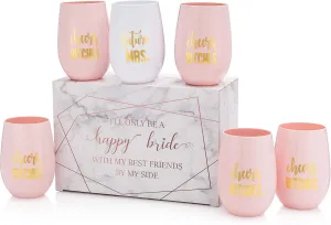 Bridesmaid Proposal Wine Glasses and Bridal Party Gifts - 100% Unbreakable Tritan Plastic with Gold Foil Accents - 16 ounces (Pink Cheers Set, 6)