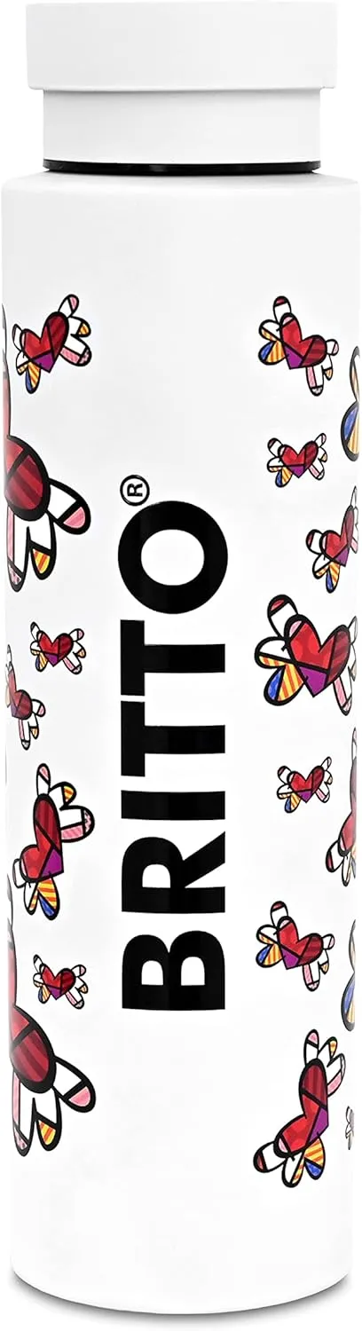 BRITTO Insulated Water Bottle - 25oz Leak Proof Stainless Steel Flask, Thermal Sports Cup, Food Grade Quality, BPA-Free, Vacuum Insulation for 24-Hour Cold & 12-Hour Hot - White Flying Hearts