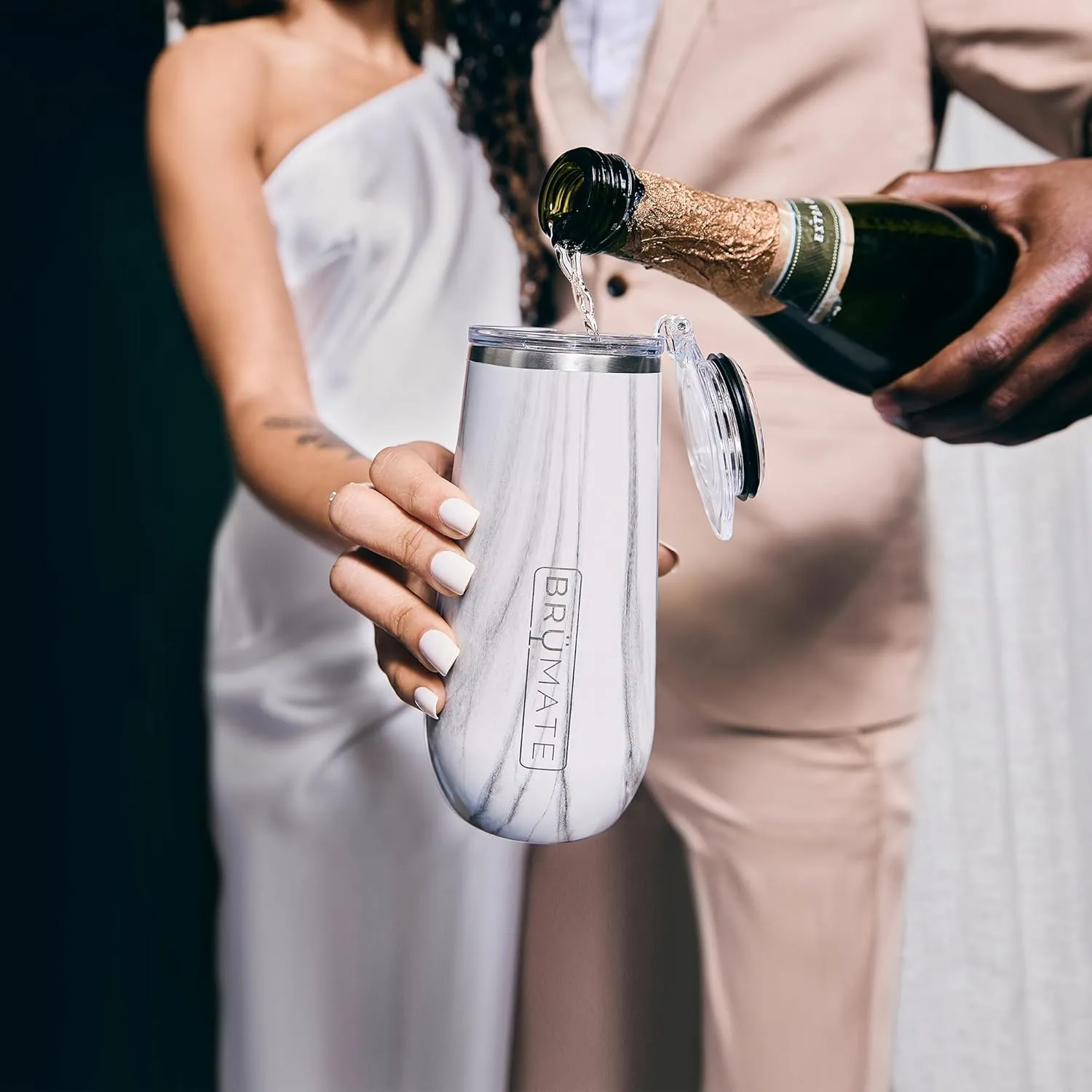 BrüMate 12oz Insulated Champagne Flute With Flip-Top Lid - Made With Vacuum Insulated Stainless Steel (Guava)