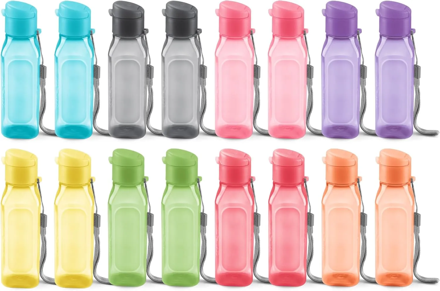 Bulk Set of 16 Multicolor 10oz Water Bottles for Kids and Adults - Leak Proof With Carry Strap - Square Reusable for Juice, Drinks - BPA-Free Dishwasher-Safe