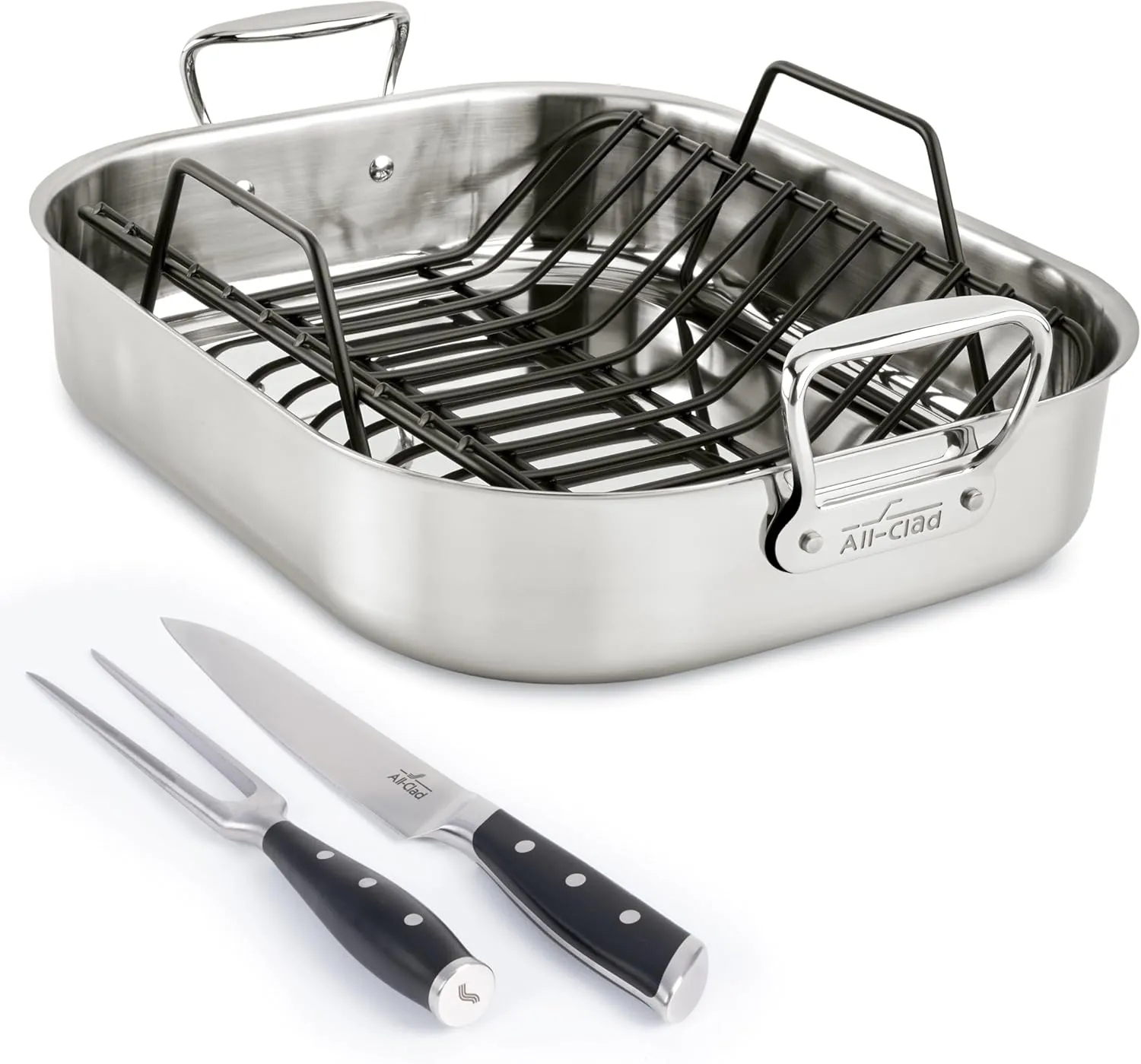Bundle of All-Clad Specialty Stainless Steel Roaster and Nonstick Rack 16x13x5 with All-Clad Forged German Stainless Steel Knife Set 2 Piece, Carving Knife and Fork