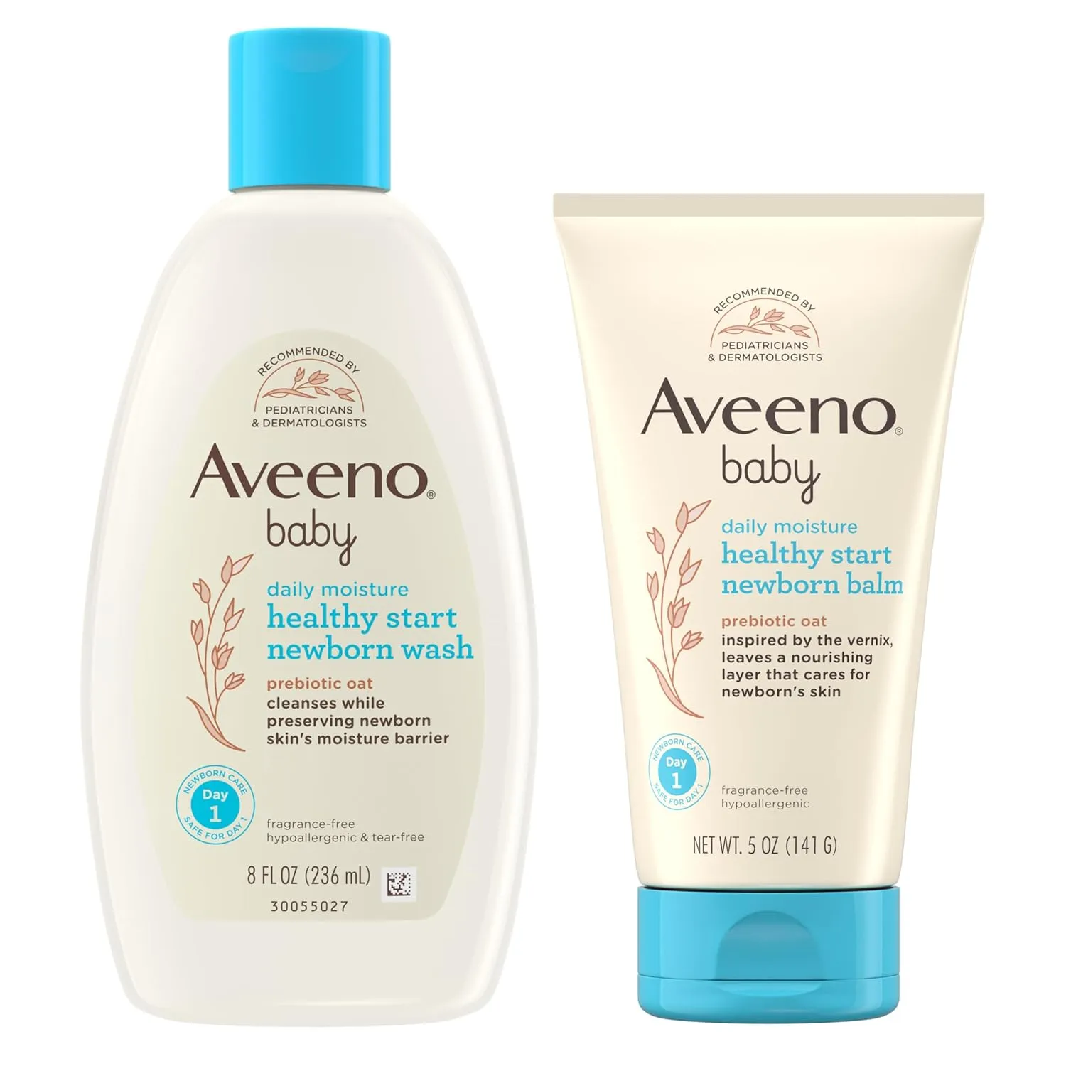 Bundle of Aveeno Baby Healthy Start Newborn Wash, Hypoallergenic Baby Body Wash with Prebiotic Oat, Fragrance-Free, 8 fl. oz   Newborn Balm, Baby Skin Balm with Prebiotic Oat , Fragrance-Free, 5 oz