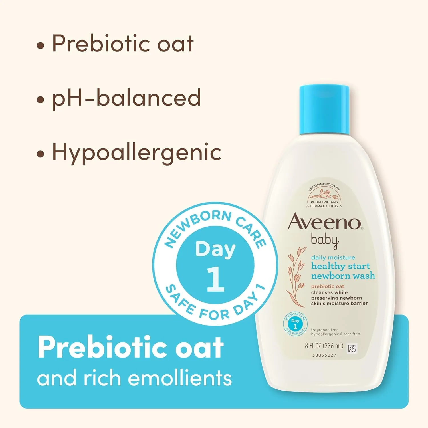 Bundle of Aveeno Baby Healthy Start Newborn Wash, Hypoallergenic Baby Body Wash with Prebiotic Oat, Fragrance-Free, 8 fl. oz   Newborn Balm, Baby Skin Balm with Prebiotic Oat , Fragrance-Free, 5 oz