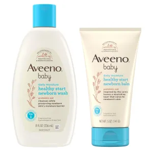 Bundle of Aveeno Baby Healthy Start Newborn Wash, Hypoallergenic Baby Body Wash with Prebiotic Oat, Fragrance-Free, 8 fl. oz   Newborn Balm, Baby Skin Balm with Prebiotic Oat , Fragrance-Free, 5 oz