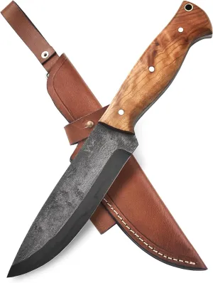 Bushcraft Knife - Handmade 1095 Carbon Steel Scandi Grind Fixed Blade Knife, Camping Knives With Leather Sheath - Full Tang Survival Tactical Camp knife, Outdoor knife (Olive Wood)