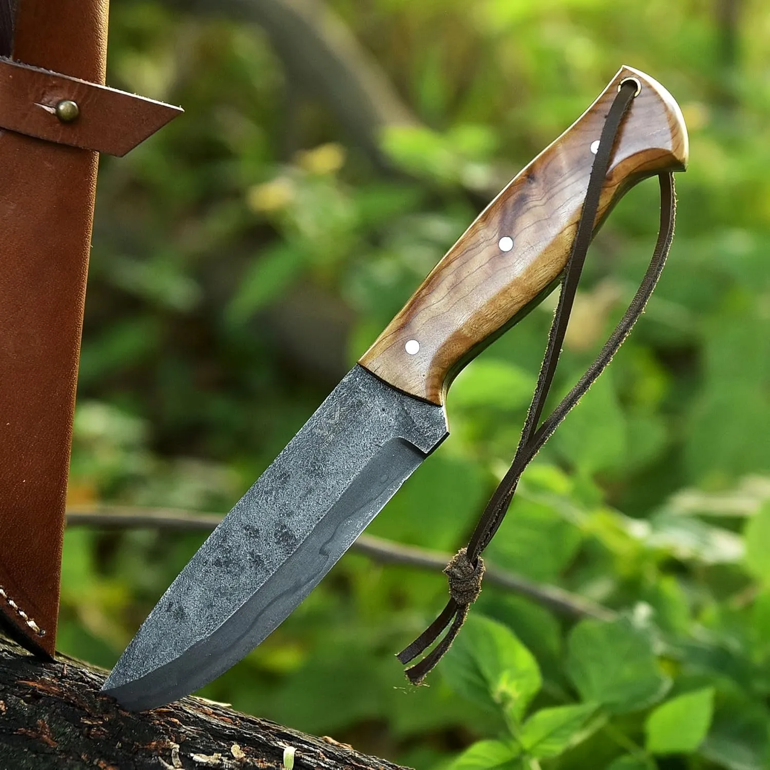 Bushcraft Knife - Handmade 1095 Carbon Steel Scandi Grind Fixed Blade Knife, Camping Knives With Leather Sheath - Full Tang Survival Tactical Camp knife, Outdoor knife (Olive Wood)