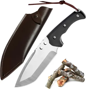 Bushcraft Knife w Full Tang for Men, Utility 11'' Fixed Blade Knife w Leather Sheath, Hunting Knives w 0.22’’ Thick Stainless Steel Blade & Wood Handle for Survival, Camping, Outdoor Heavy-Duty Task