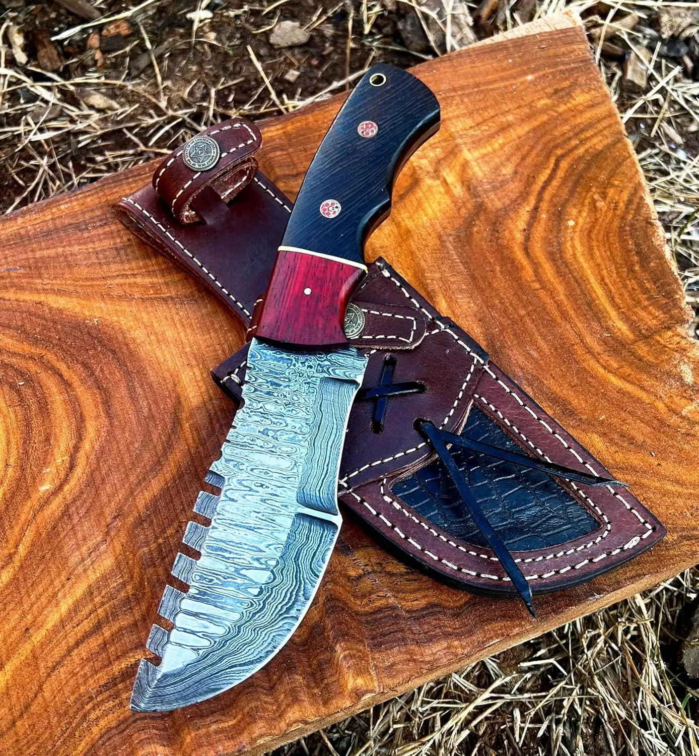 BUSHCRAFTS Custom Handmade Damascus Steel Hunting Tracker Knife with Horizontal and Scout Carry Leather Sheath - 10 INCH Fixed Blade Outdoor Survival Camping Knives for men (Wenge & Padauk)