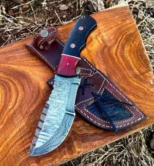 BUSHCRAFTS Custom Handmade Damascus Steel Hunting Tracker Knife with Horizontal and Scout Carry Leather Sheath - 10 INCH Fixed Blade Outdoor Survival Camping Knives for men (Wenge & Padauk)