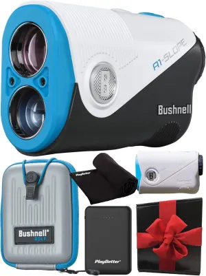 Bushnell A1-Slope Golf Laser Rangefinder Bundle - Ultra-Compact, 6X Magnification, BITE Magnetic Skin, PinSeeker with JOLT with PlayBetter Portable Charger & Microfiber Towel