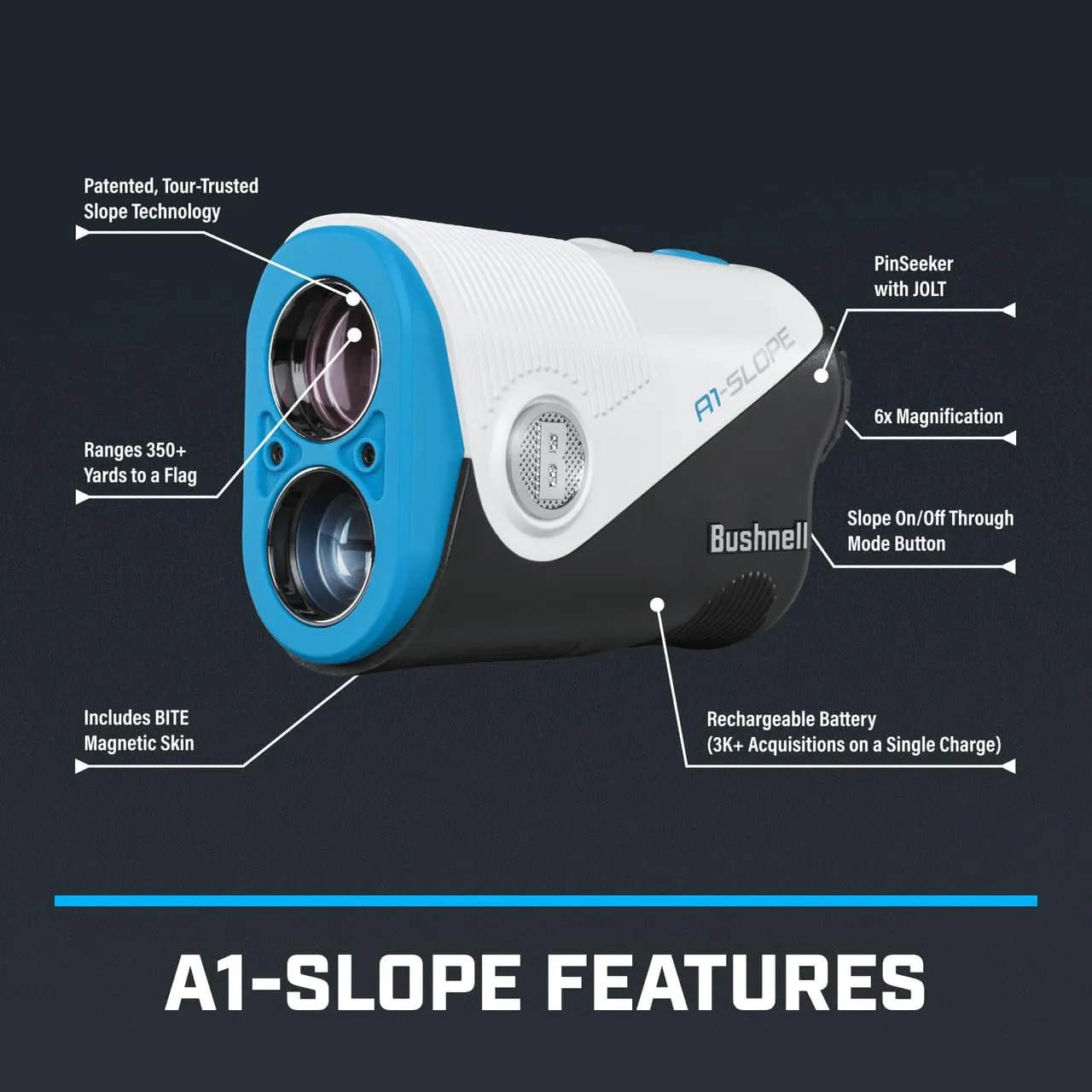 Bushnell A1-Slope Golf Laser Rangefinder Bundle - Ultra-Compact, 6X Magnification, BITE Magnetic Skin, PinSeeker with JOLT with PlayBetter Portable Charger & Microfiber Towel