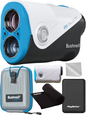 Bushnell A1-Slope Golf Laser Rangefinder Bundle - Ultra-Compact, 6X Magnification, BITE Magnetic Skin, PinSeeker with JOLT with PlayBetter Portable Charger & Microfiber Towel