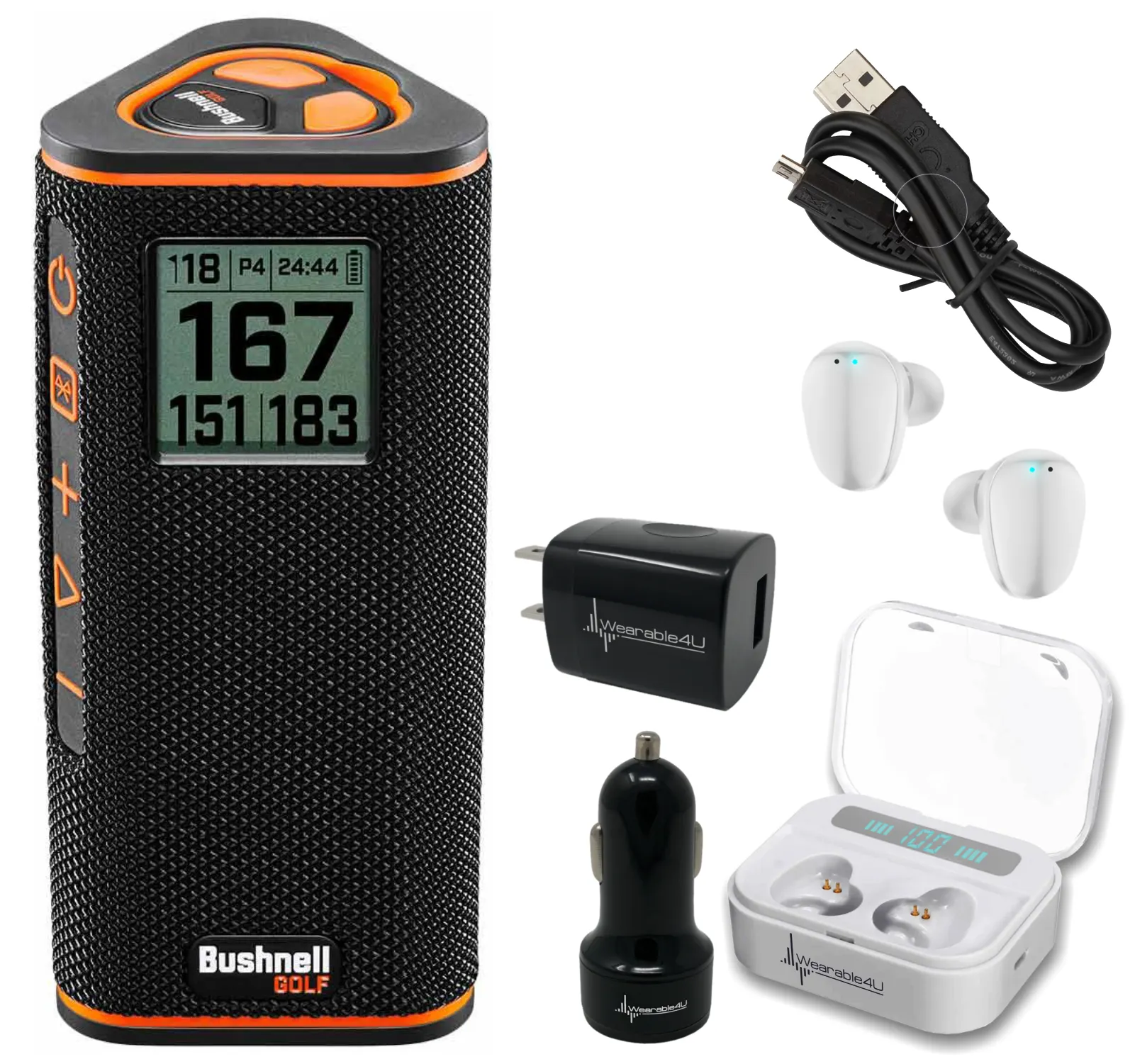 Bushnell Wingman View Golf GPS Bluetooth Speaker with Wearable4U Ultimate EarBuds and Wall and Car Chargers Bundle