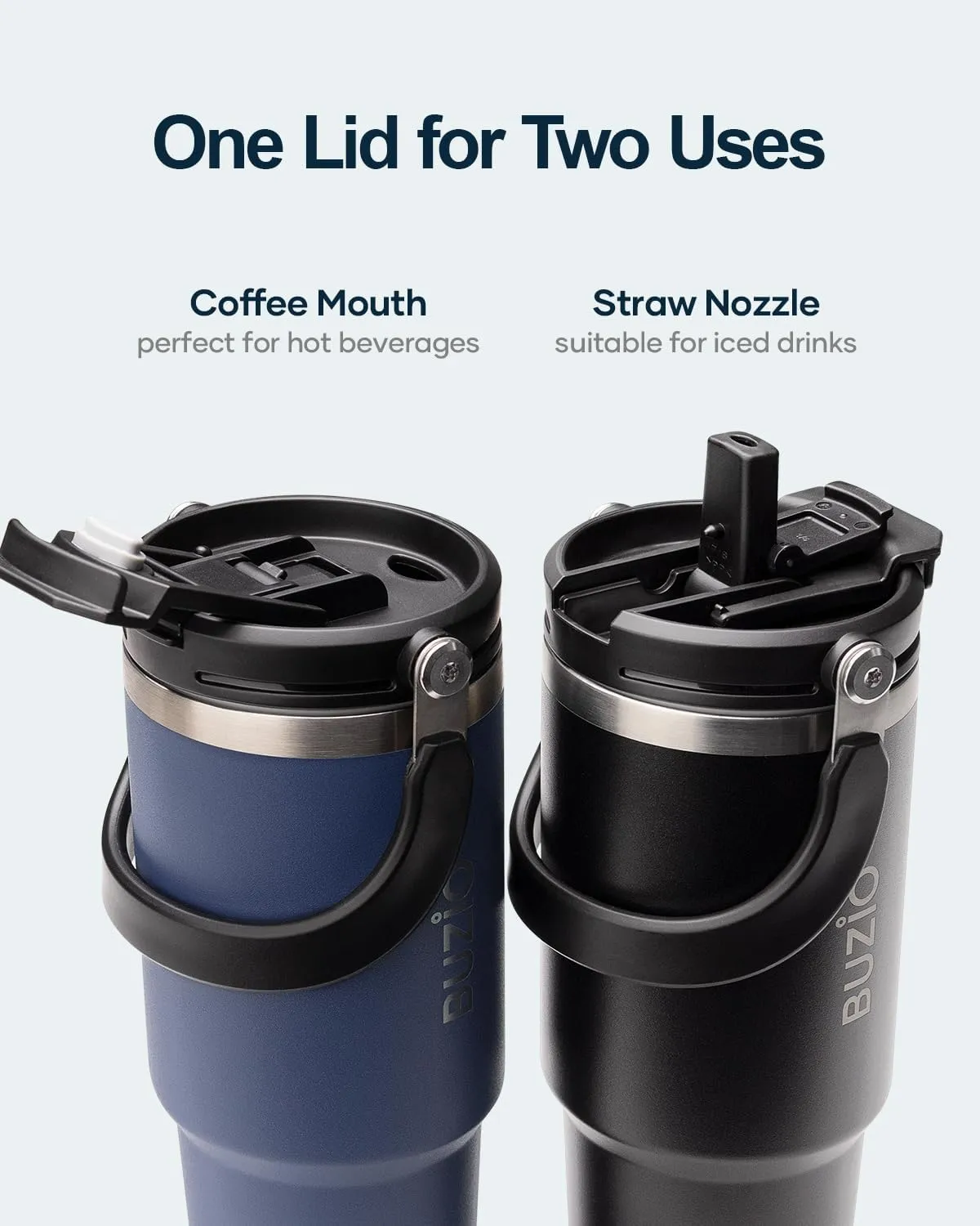 BUZIO 40 oz Tumbler with Handle, Insulated Water Tumbler with 2-in-1 Lid and Straw, Stainless Steel Double Walled Powder Coated Coffee Tumbler Travel Mug, Keeps Cold for 24 Hours or Hot for 12 Hours