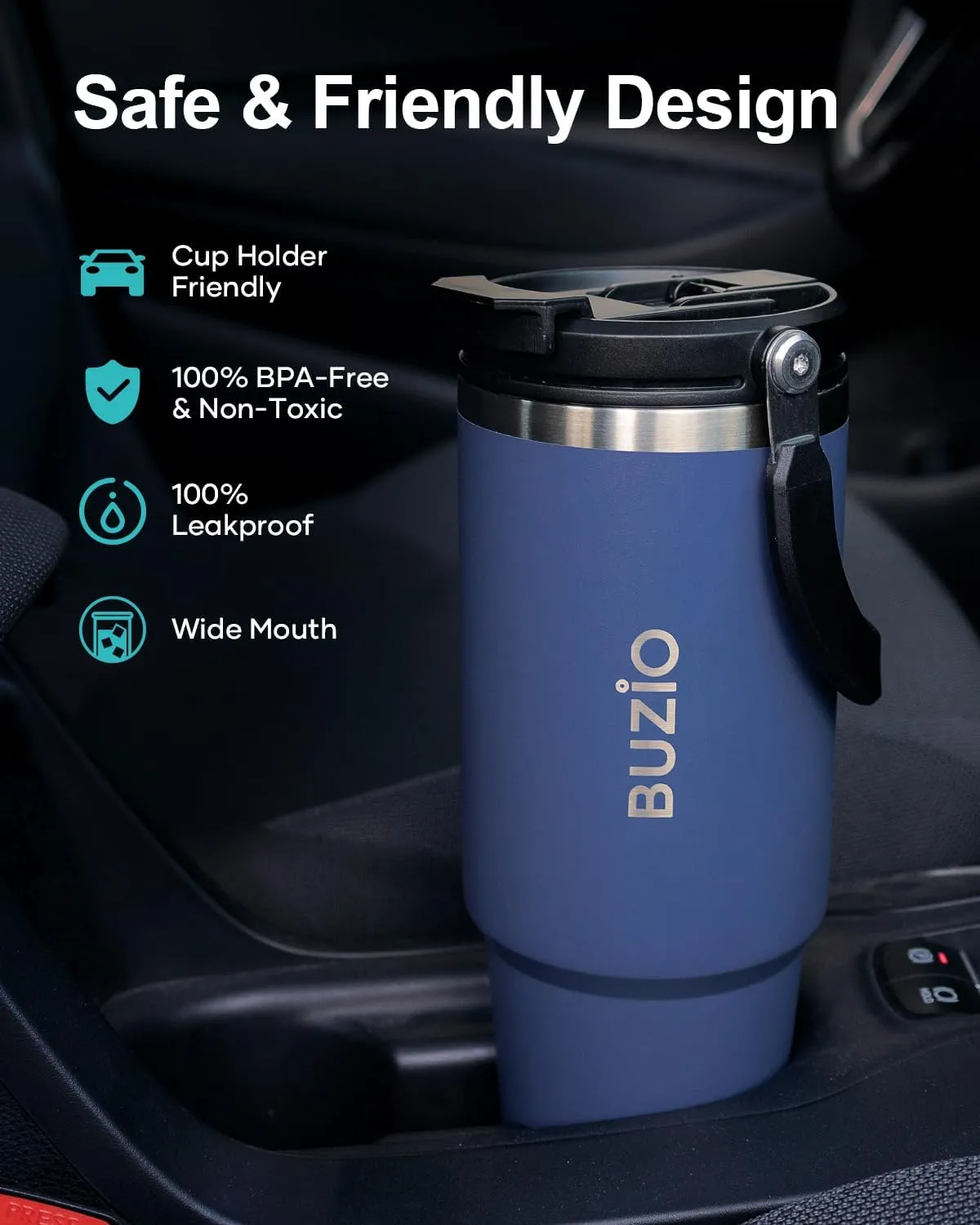 BUZIO 40 oz Tumbler with Handle, Insulated Water Tumbler with 2-in-1 Lid and Straw, Stainless Steel Double Walled Powder Coated Coffee Tumbler Travel Mug, Keeps Cold for 24 Hours or Hot for 12 Hours