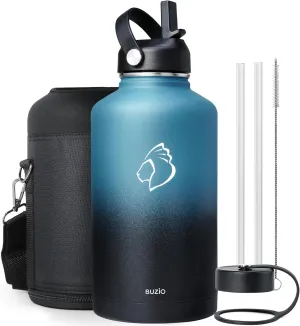 BUZIO Insulated Water Bottle with Straw Lid and Flex Cap, 64oz Double Wall Vacuum Stainless Steel Water Thermo Wide Mouth Lid, Cold for 48 Hrs Or Hot for 24 Hrs Sweat Proof Flask, Indigo Crush