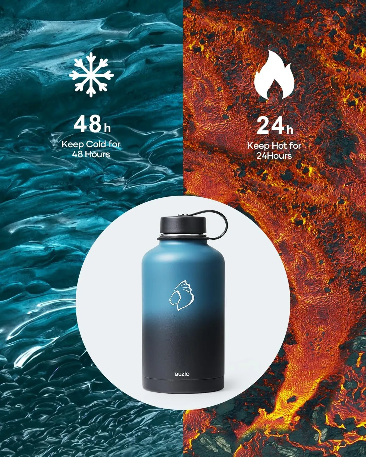 BUZIO Insulated Water Bottle with Straw Lid and Flex Cap, 64oz Double Wall Vacuum Stainless Steel Water Thermo Wide Mouth Lid, Cold for 48 Hrs Or Hot for 24 Hrs Sweat Proof Flask, Indigo Crush