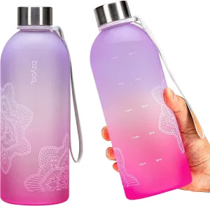 bzyoo 32 OZ 1 Liter Time Marker Water Bottle BPA Free Frosted Durable Plastic With Strap - Reusable Water Bottle With Times To Drink For Fitness Gym Gifts For Him & Her (Color: Ombre Pink)