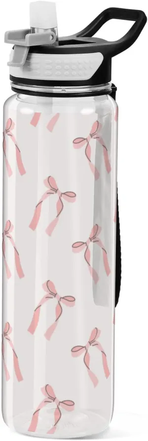 Caikeny Water Bottle with Straw Cute Bows Sports Bottles Ribbon White BPA-Free Tritan Water Jug with Carrying Strap for Women Men Gym