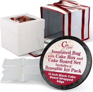 Cakebon Cake Box and Boards, 8-Inch Round Black Wrapped Edges 1/2- Inch Thick Drums with Insulated Bag and Ice Pack – Cake Transport Set, Cooler for Cake Delivery and Transport (1pc Each, 4pcs Total)