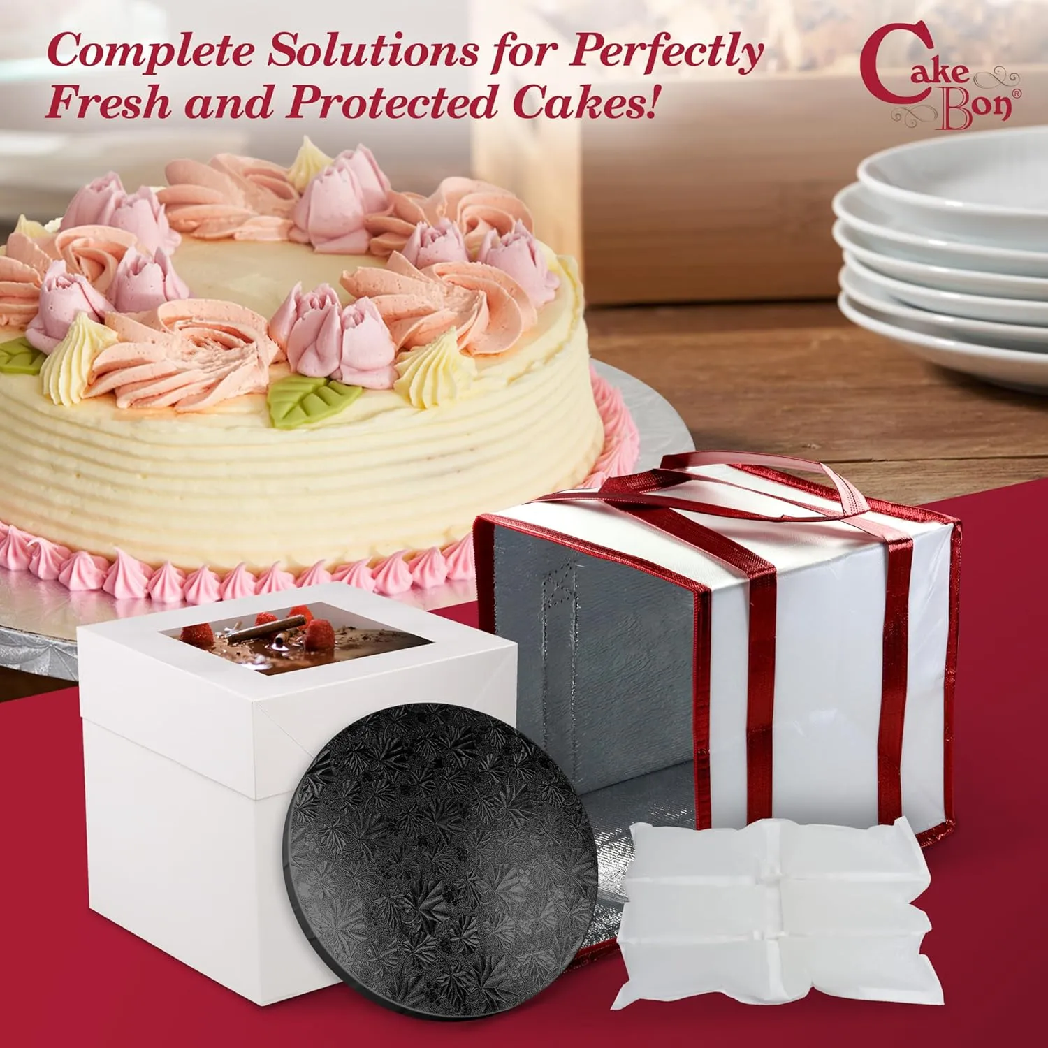 Cakebon Cake Box and Boards, 8-Inch Round Black Wrapped Edges 1/2- Inch Thick Drums with Insulated Bag and Ice Pack – Cake Transport Set, Cooler for Cake Delivery and Transport (1pc Each, 4pcs Total)