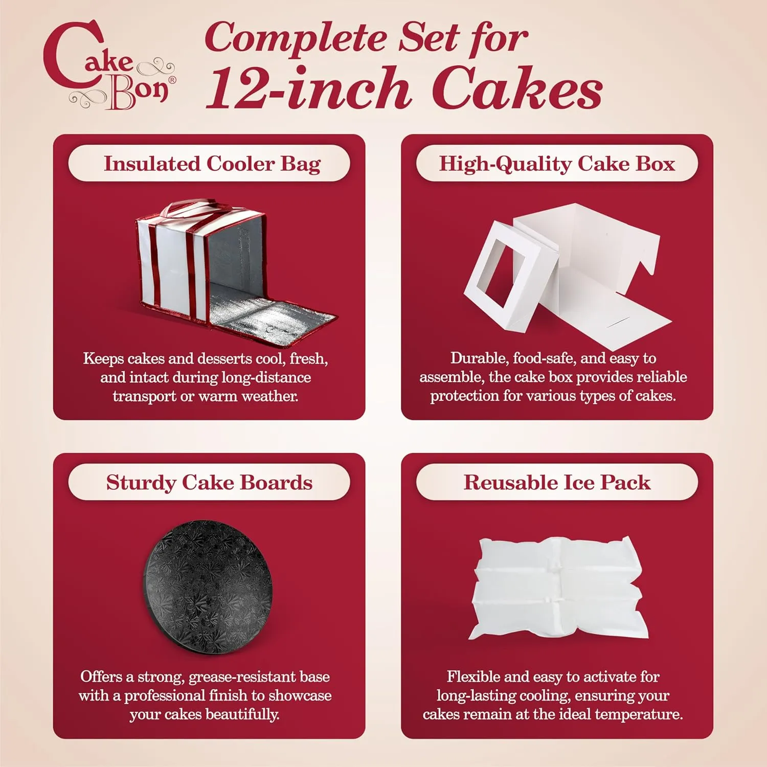 Cakebon Cake Box and Boards, 8-Inch Round Black Wrapped Edges 1/2- Inch Thick Drums with Insulated Bag and Ice Pack – Cake Transport Set, Cooler for Cake Delivery and Transport (1pc Each, 4pcs Total)