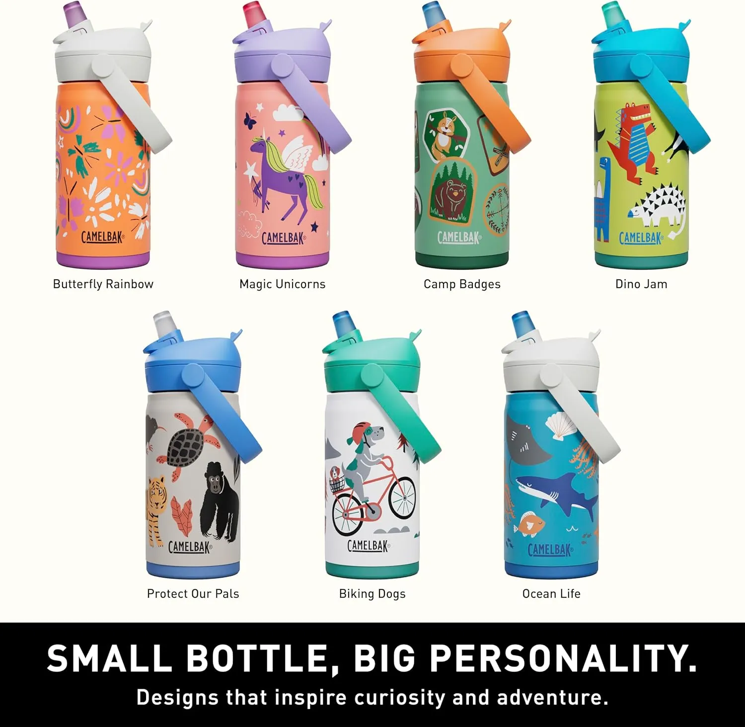 CamelBak Thrive Flip Straw Kids Bite Valve Insulated Stainless Steel Water Bottle Biking Dogs, 12oz