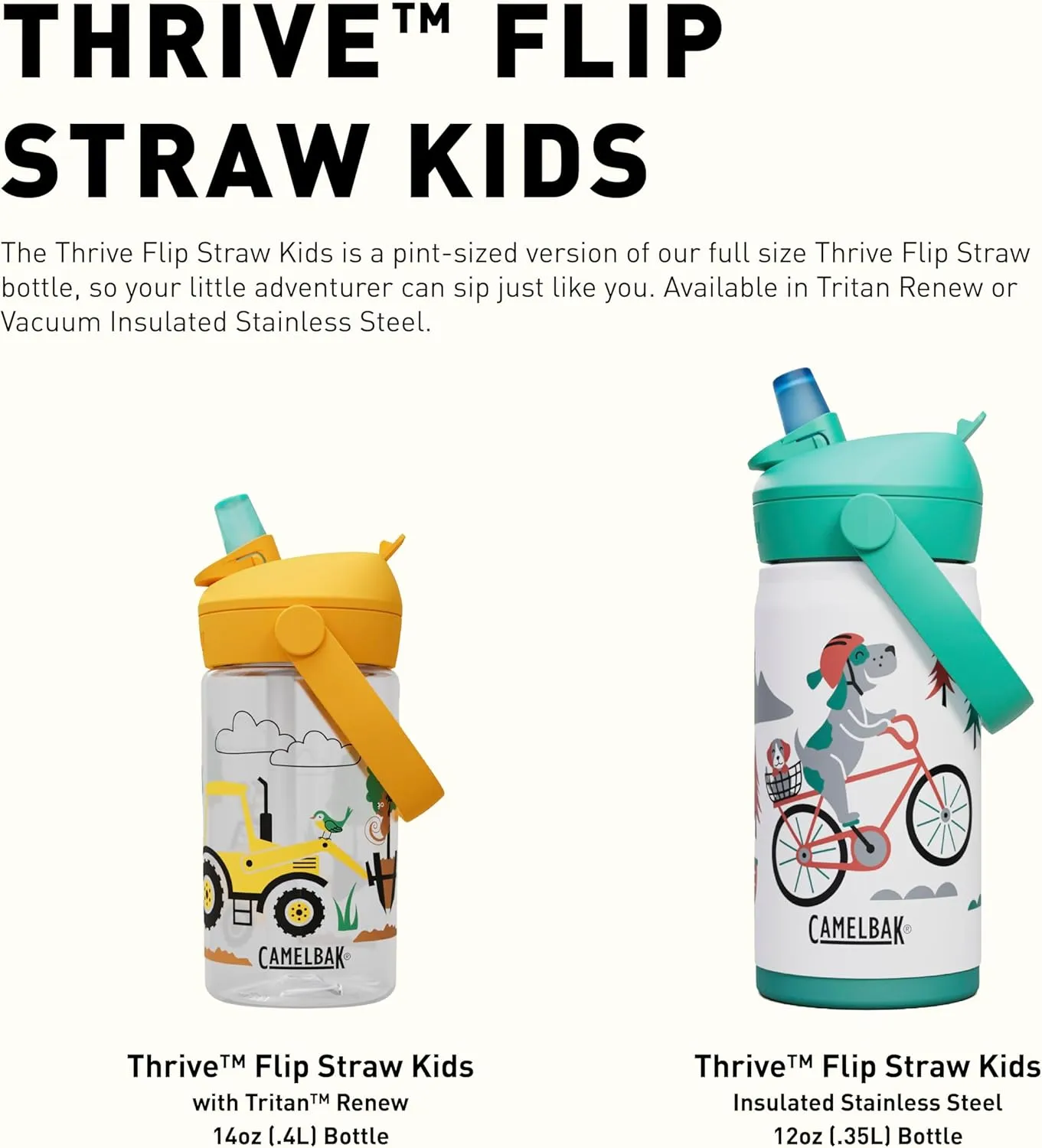 CamelBak Thrive Flip Straw Kids Bite Valve Insulated Stainless Steel Water Bottle Biking Dogs, 12oz