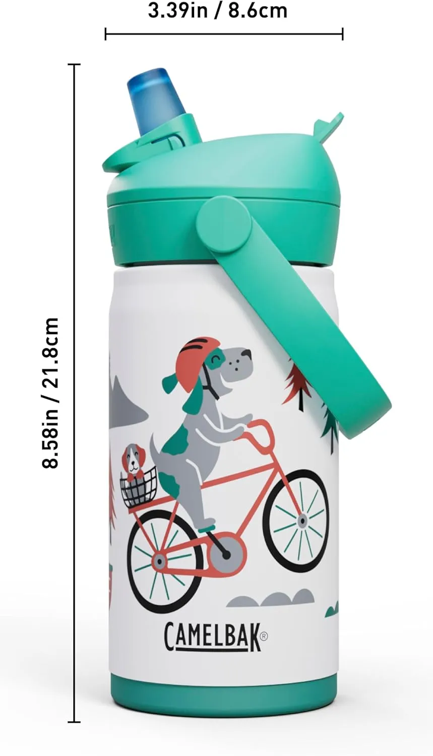 CamelBak Thrive Flip Straw Kids Bite Valve Insulated Stainless Steel Water Bottle Biking Dogs, 12oz