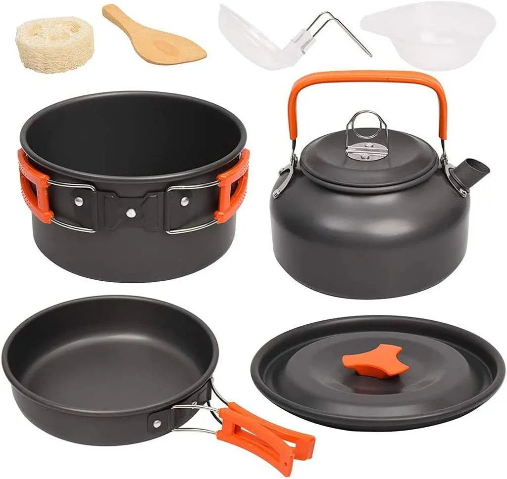 Camping Cookware Kit Outdoor Aluminum Cooking Set Water Kettle Pan Pot Travelling Hiking Picnic BBQ Tableware Equipment (Color : B) (B)