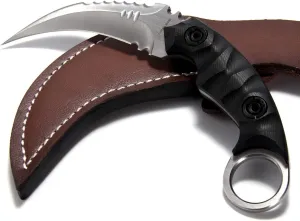 Camping EDC Tools Outdoor Survival Claw Tactical Teeth Knife Double Edged Sharp Fixed Blade Karambit Back Serrated Edge Blade G10 Handle with Sheath