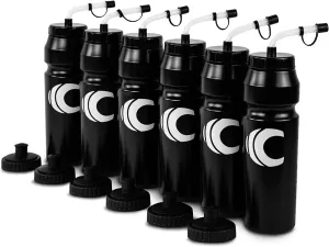 Cannon Sports 1 Liter Sports Water Bottle, BPA-Free, 34 Oz Capacity, Large Mouth, 2 lids (Straw and Squeeze), Great For Helmet Sports Such As Hockey, Lacrosse, Football, Boxing (6 Pack) (Black)