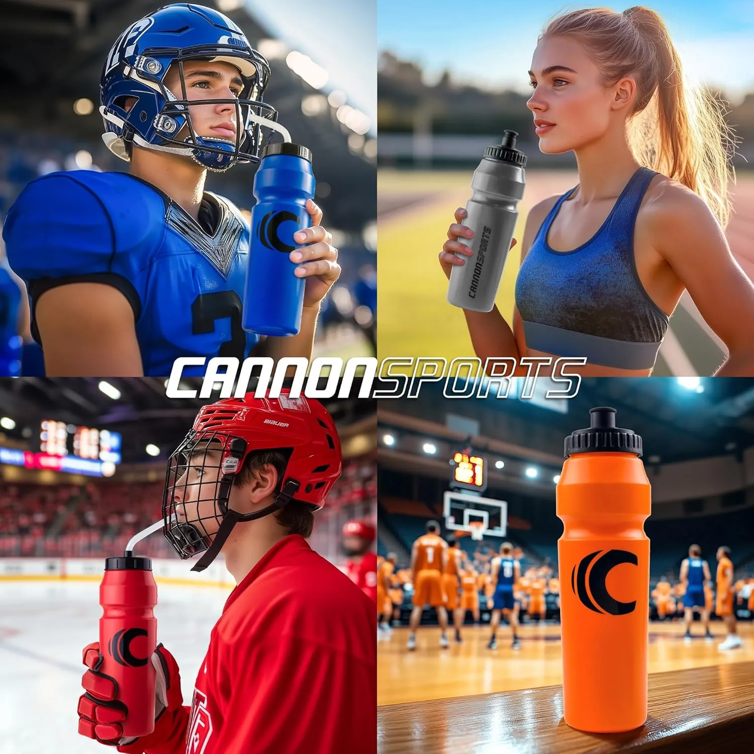 Cannon Sports 1 Liter Sports Water Bottle, BPA-Free, 34 Oz Capacity, Large Mouth, 2 lids (Straw and Squeeze), Great For Helmet Sports Such As Hockey, Lacrosse, Football, Boxing (6 Pack) (Black)