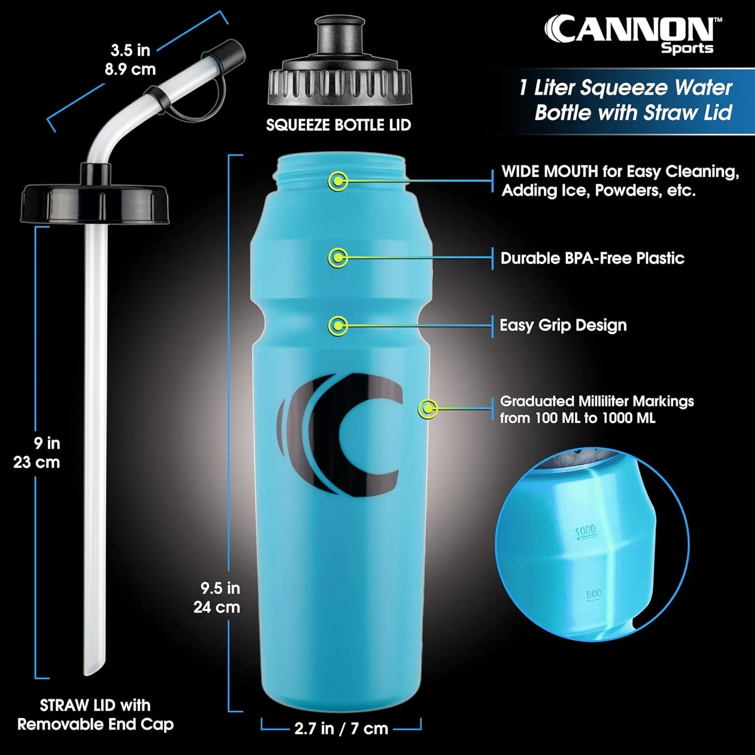 Cannon Sports 1 Liter Sports Water Bottle, BPA-Free, 34 Oz Capacity, Large Mouth, 2 lids (Straw and Squeeze), Great For Helmet Sports Such As Hockey, Lacrosse, Football, Boxing (6 Pack) (Light Blue)