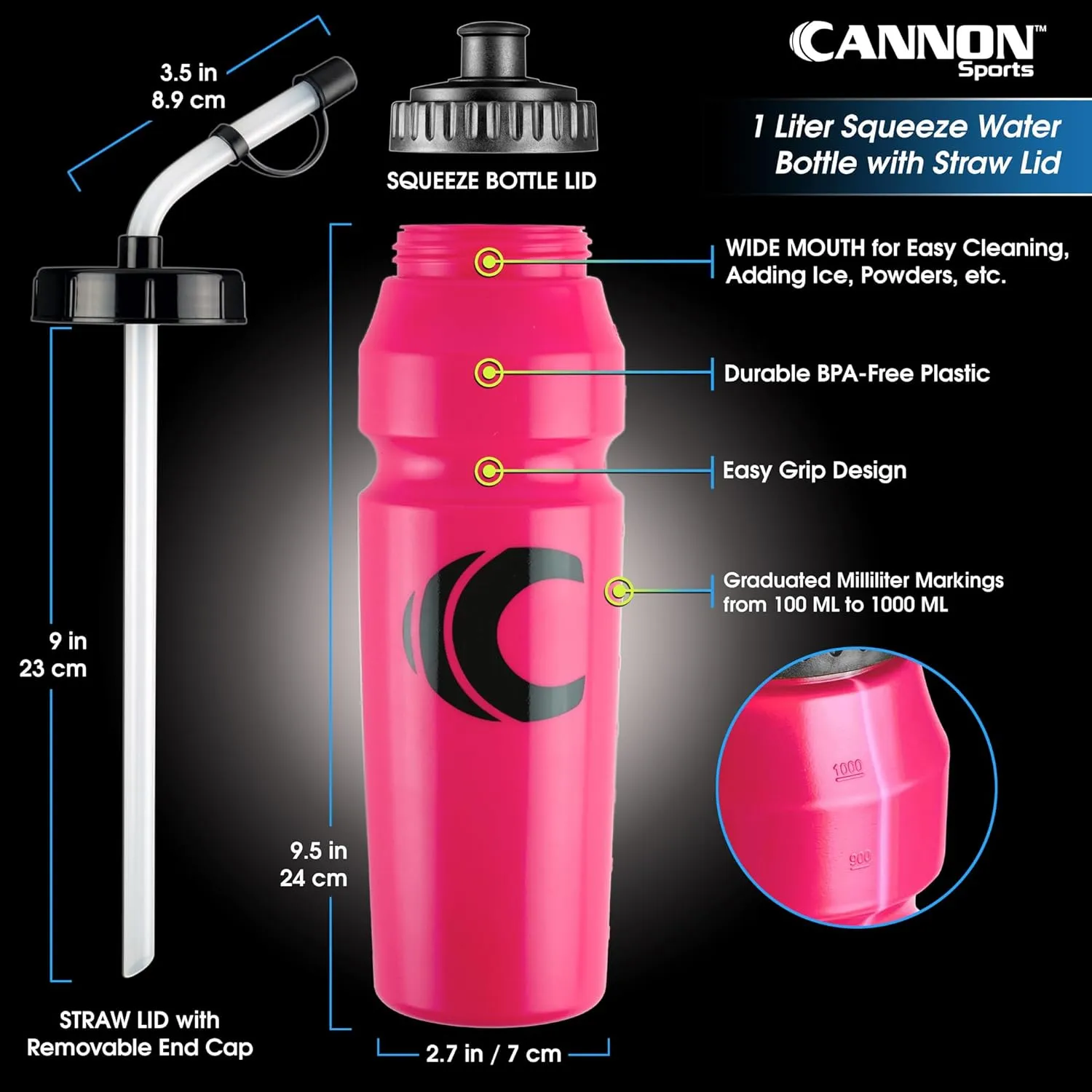 Cannon Sports 1 Liter Sports Water Bottle, BPA-Free, 34oz Capacity, Large Mouth, 2 lids (Straw & Squeeze) with Carrier, Great For Helmet Sports Such As Hockey, Lacrosse, Football, Boxing (Pink)
