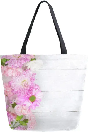Canvas Tote Bag Pink Purple Flowers Woman Beach Bag Mums Daisies White Wood Shoulder Bag School Had Bag Large Reusable Handbag Lightweight for Shopping Grocery Travel Holiday Gift