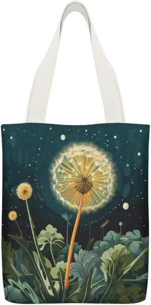Canvas Tote Bags Dandelions at Night Print Reusable Grocery Bag Lightweight Shopping Handbag with Internal Pocket Double-sided Pattern