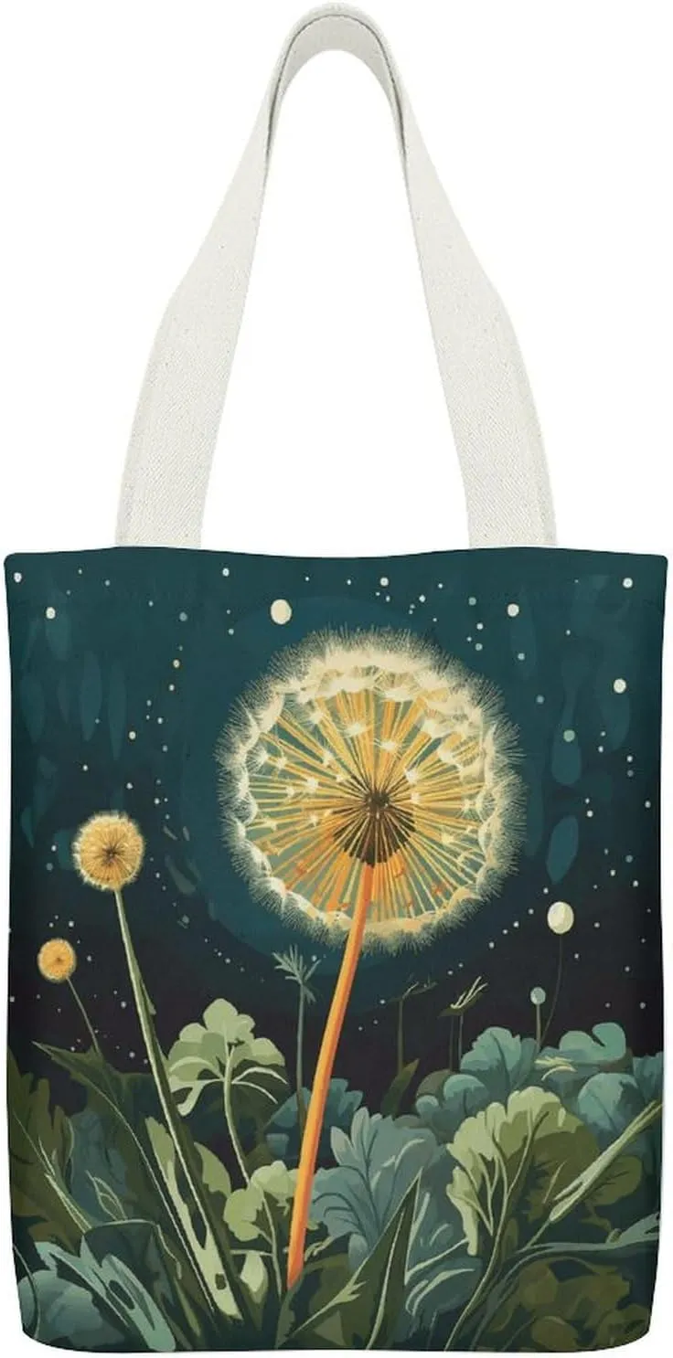 Canvas Tote Bags Dandelions at Night Print Reusable Grocery Bag Lightweight Shopping Handbag with Internal Pocket Double-sided Pattern