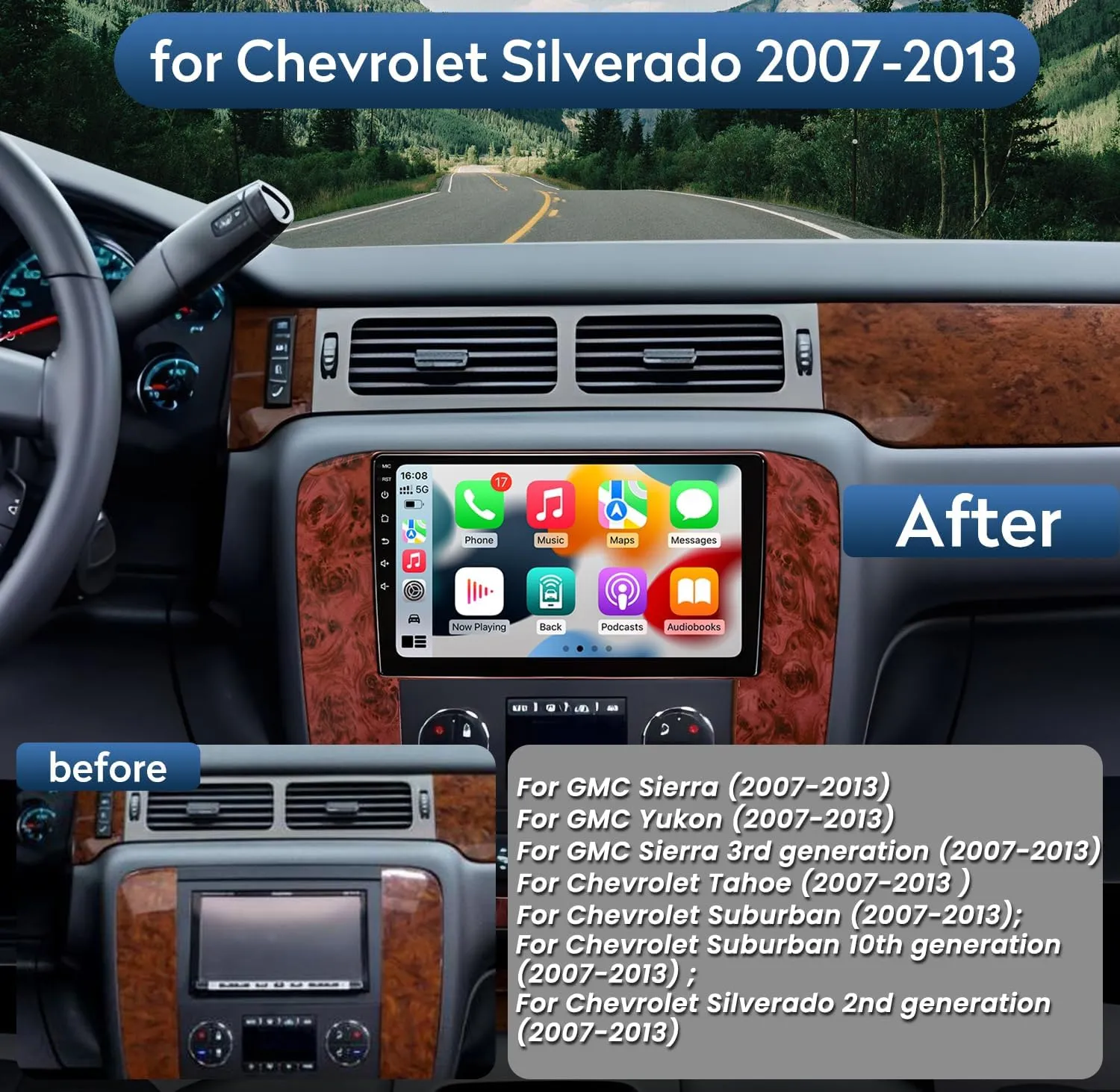 Car Radio Stereo for GMC Yukon Chevrolet Chevy Silverado 2007-2013 : 5G WiFi 9" Upgrade for Tahoe Suburban Sierra 1280*800 Touch Screen Head Unit with Backup Camera — GPS SWC DSP FM Bluetooth Carplay