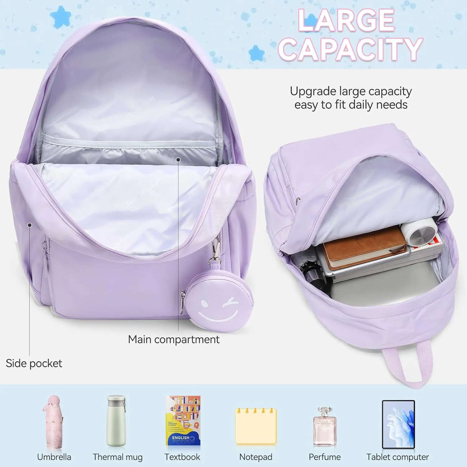 Caran·Y Waterproof School Backpack for Kids 6-18 | Lightweight Durable Girls & Boys Bookbag with Blinking Zipper Pouch Spacious for School Outdoor Travel(Purple)