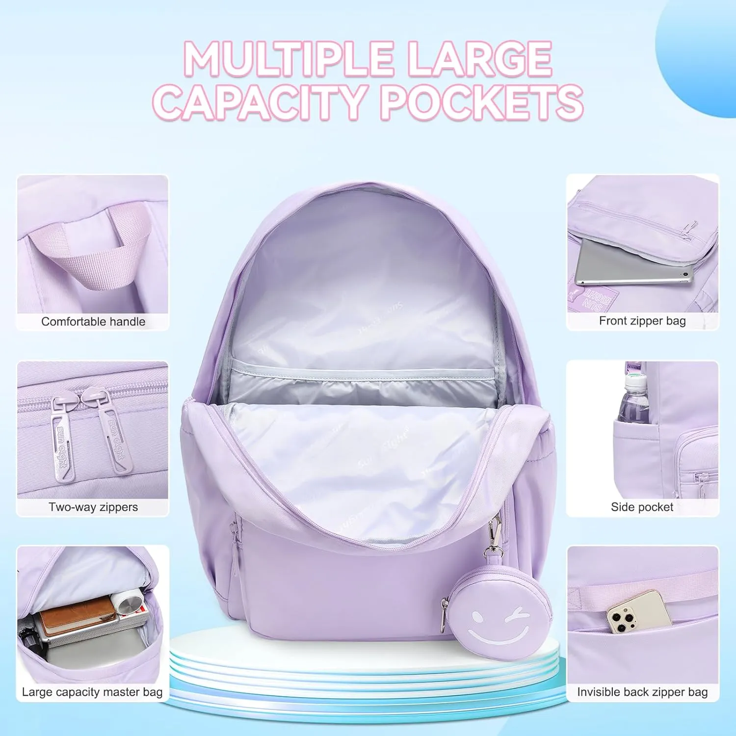 Caran·Y Waterproof School Backpack for Kids 6-18 | Lightweight Durable Girls & Boys Bookbag with Blinking Zipper Pouch Spacious for School Outdoor Travel(Purple)