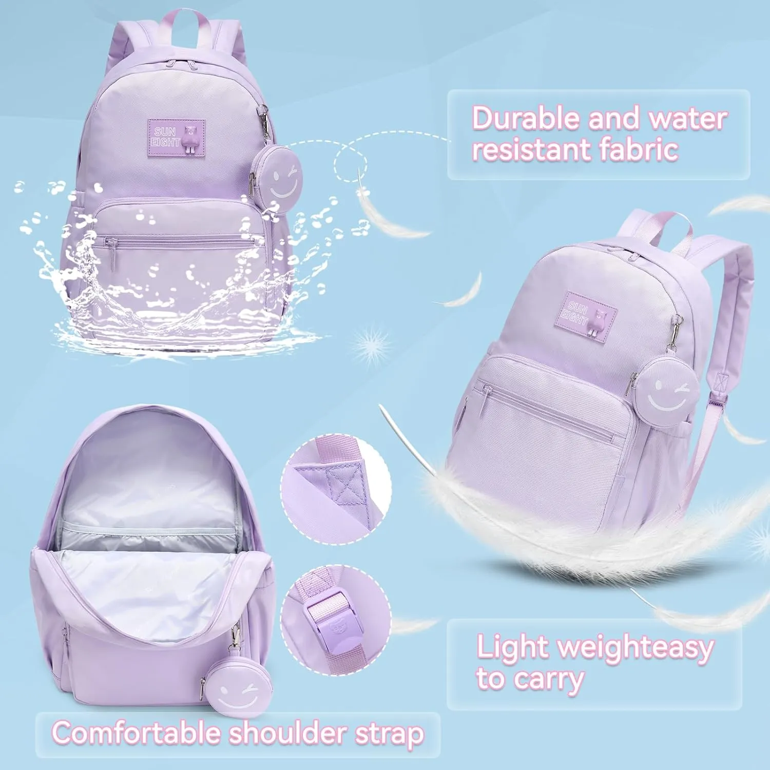 Caran·Y Waterproof School Backpack for Kids 6-18 | Lightweight Durable Girls & Boys Bookbag with Blinking Zipper Pouch Spacious for School Outdoor Travel(Purple)