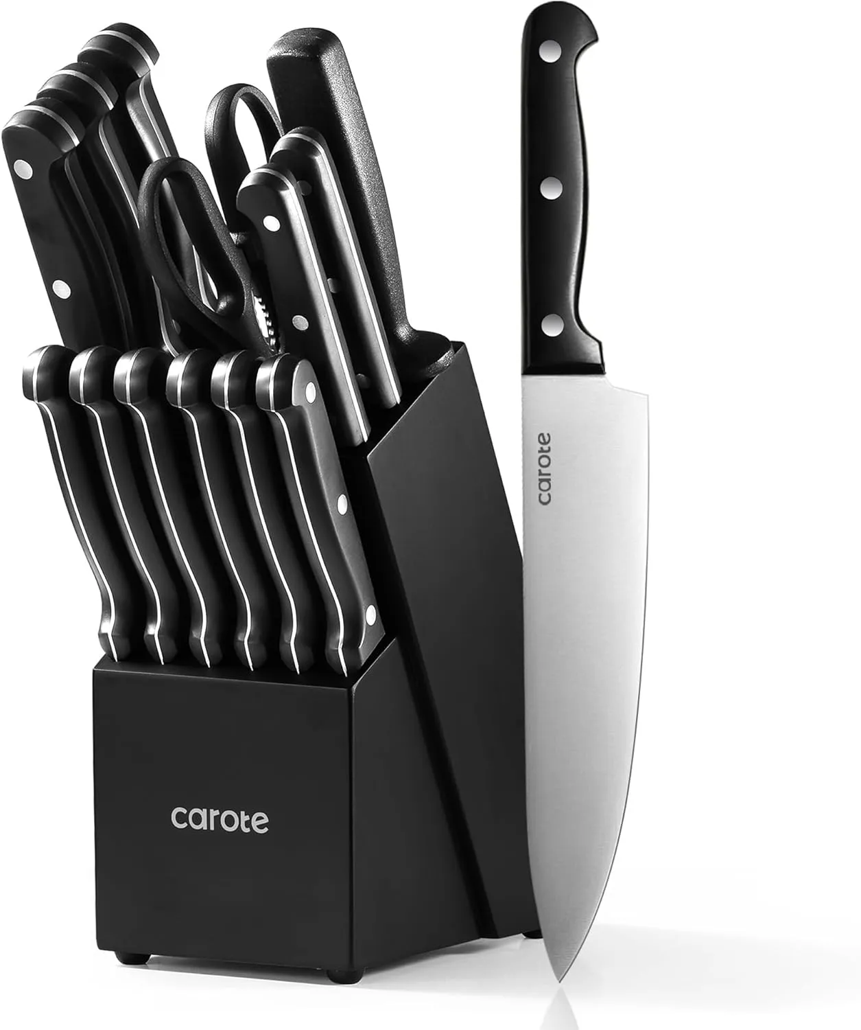 CAROTE 14 Pieces Knife Set with Block, Forged, High Carbon Stainless Steel Sharp Blade Block Knife Set, Dishwasher Safe Cutlery, Black