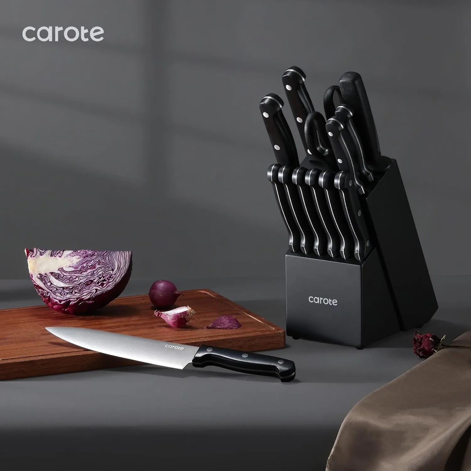CAROTE 14 Pieces Knife Set with Block, Forged, High Carbon Stainless Steel Sharp Blade Block Knife Set, Dishwasher Safe Cutlery, Black