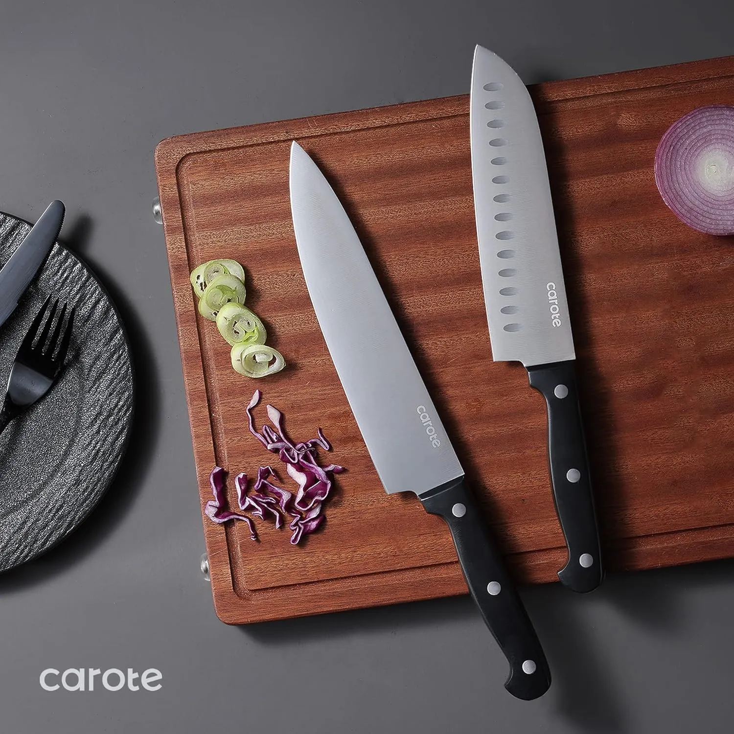 CAROTE 14 Pieces Knife Set with Block, Forged, High Carbon Stainless Steel Sharp Blade Block Knife Set, Dishwasher Safe Cutlery, Black