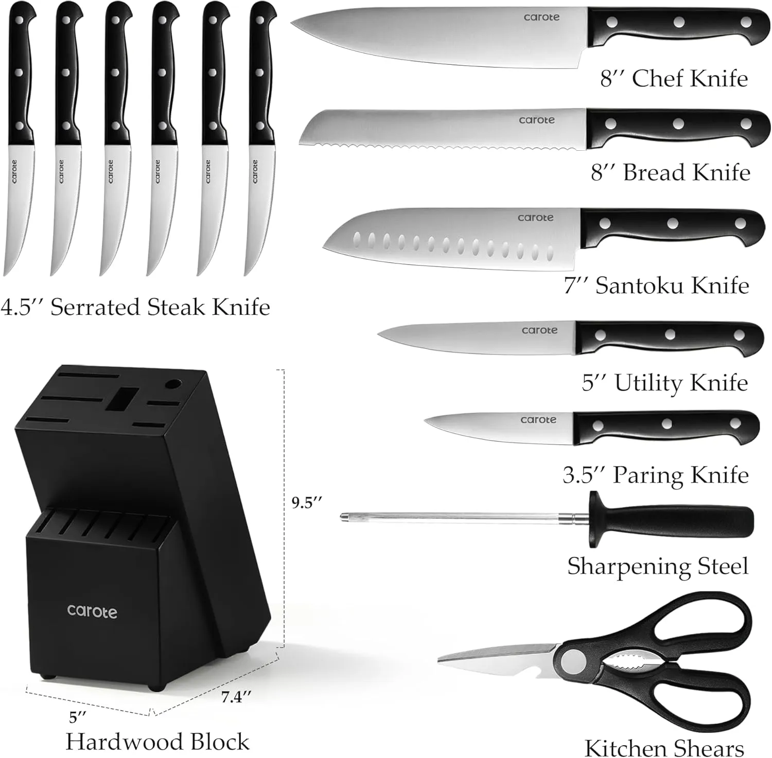 CAROTE 14 Pieces Knife Set with Block, Forged, High Carbon Stainless Steel Sharp Blade Block Knife Set, Dishwasher Safe Cutlery, Black
