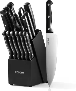CAROTE 14 Pieces Knife Set with Block, Forged, High Carbon Stainless Steel Sharp Blade Block Knife Set, Dishwasher Safe Cutlery, Black