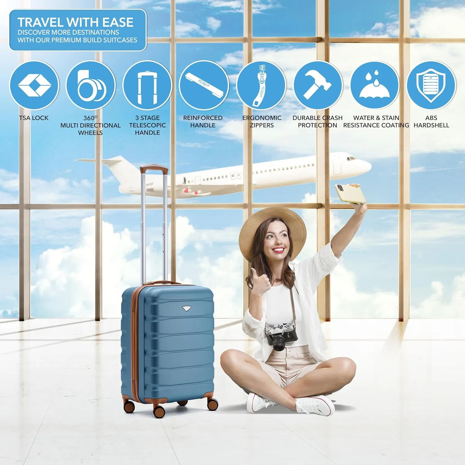 Carry On Suitcase 22x14x9 Hardside Built In TSA Lock & USB Port Lightweight Luggage Silent Double Spinner Wheels Maximum Overhead Carry-On Bag For American & United Approved Airlines